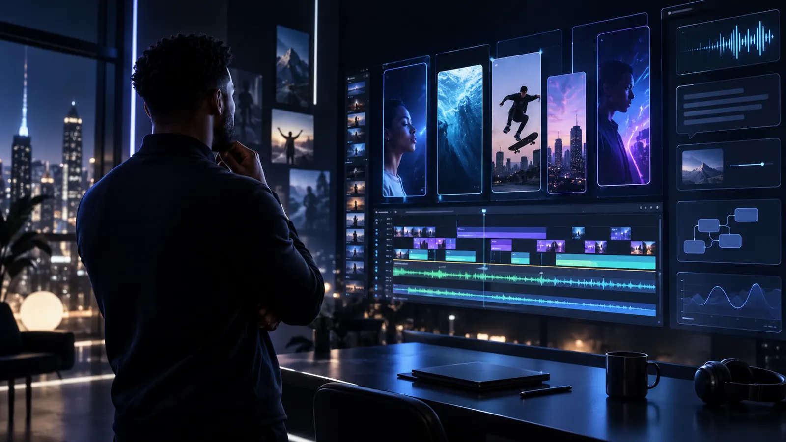 A technology founder reviewing a sophisticated cyan-and-violet AI video editing workspace.