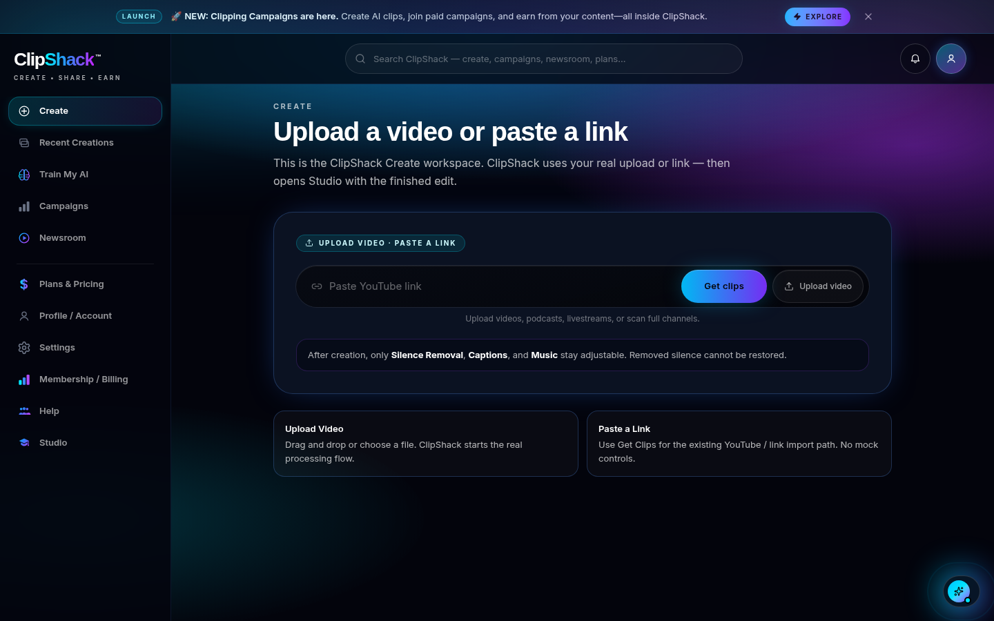 The current ClipShack creator workspace